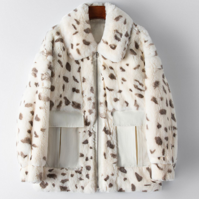 Hot selling rex rabbit fur coat (S/M size) (off-white spots) (contact customer service after placing order to confirm delivery size)