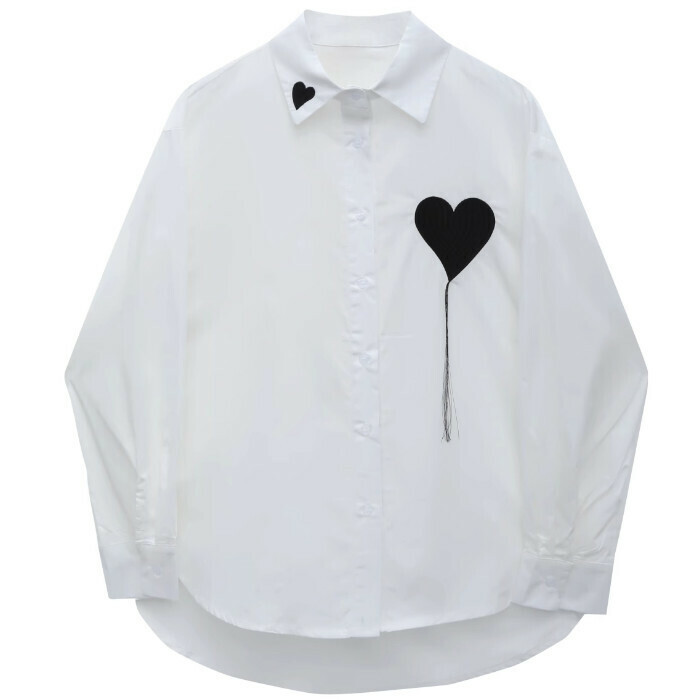Hot selling love embroidered lapel shirt (white) (S-L size) (contact customer service after placing order to confirm delivery size)