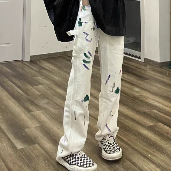 熱賣美式ins復古潑墨白色牛仔褲女高街hiphop寬鬆直筒闊腿(下單後聯絡客服確認發貨尺碼) 