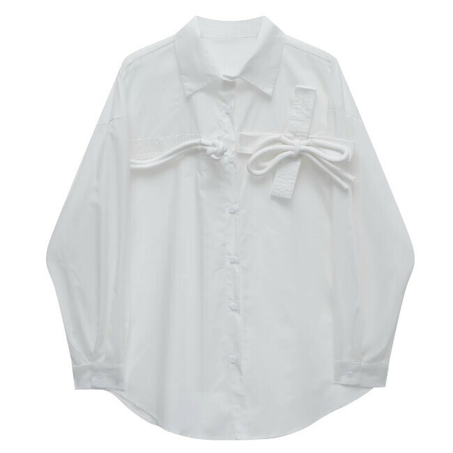 Hot-selling button-down bow long-sleeved shirt (white) (S-XL size) (contact customer service after placing the order to confirm the delivery size)