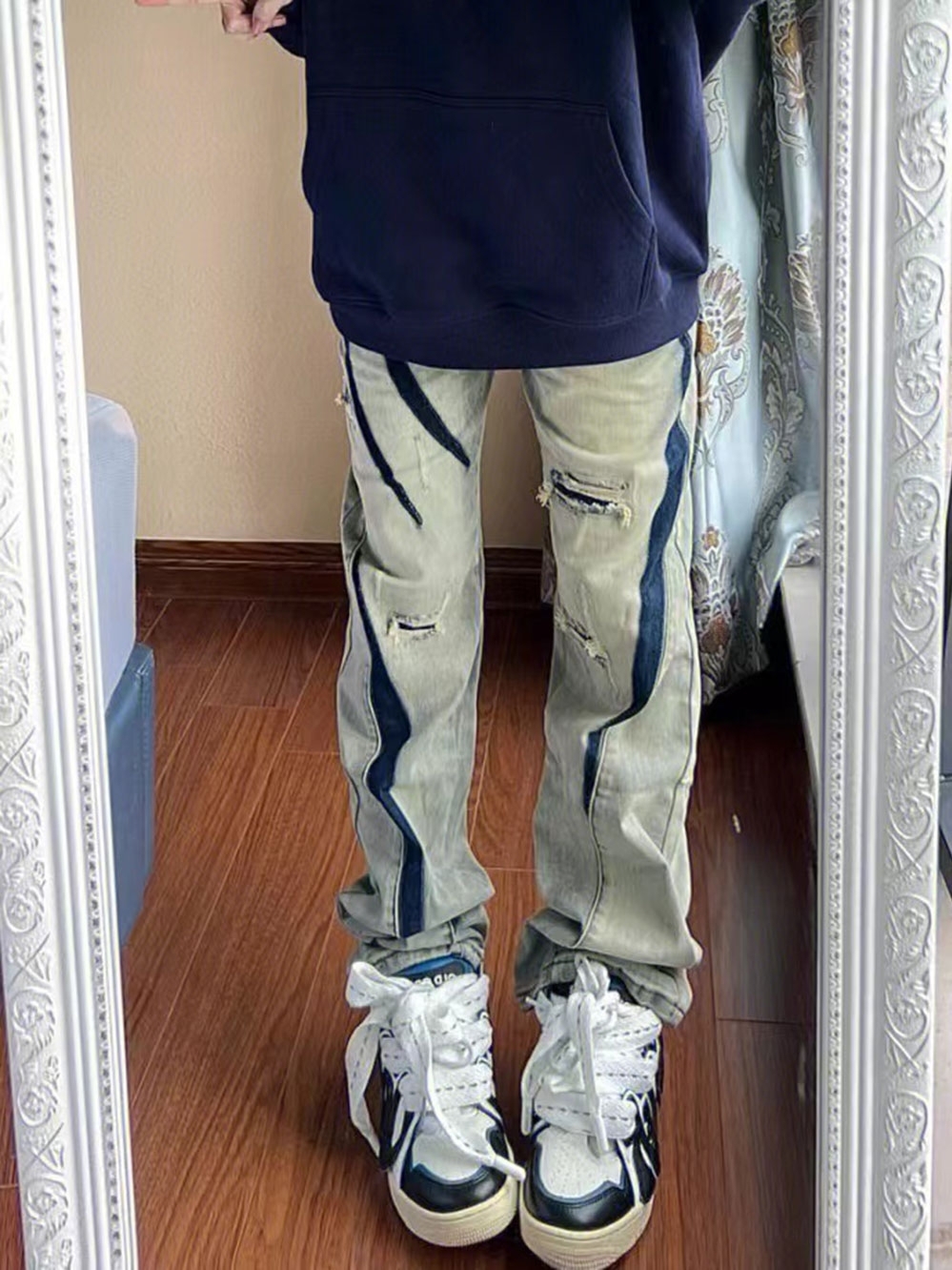 熱賣美式vibe復古補丁破洞牛仔褲女高街設計感寬鬆直筒闊腿褲（下單後聯絡客服確認發貨尺碼）