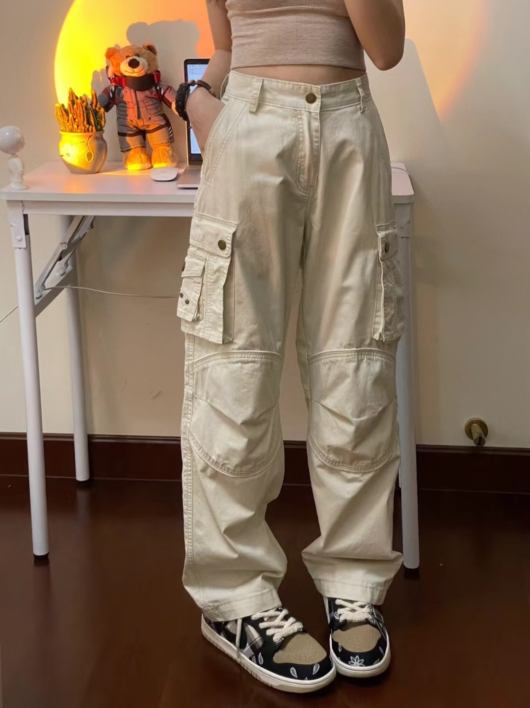 Hot selling American vibe style retro multi-pocket white overalls for women high street hiphop loose casual straight pants (contact customer service after placing the order to confirm the delivery size)