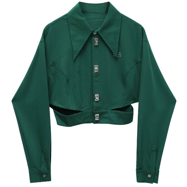 Hot selling pointed collar long-sleeved short shirt (dark green) (S-L size) (contact customer service after placing the order to confirm the delivery size)