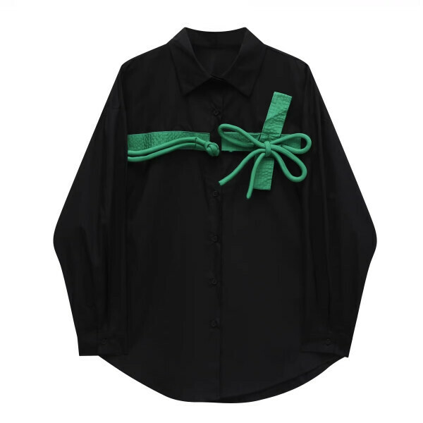 Hot selling button-down bow loose shirt (black) (S-XL size) (contact customer service after placing the order to confirm the delivery size)