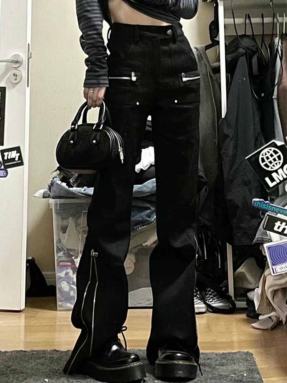 Hot selling American vibe retro pocket zipper jeans for women with high waist and slim design for trendy slit wide leg trousers (contact customer service after placing the order to confirm the delivery size)