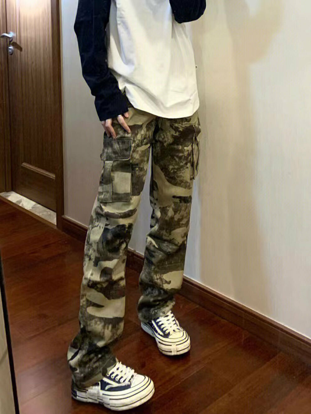 熱賣美式vintage復古嘻哈迷彩工裝牛仔褲女高街多口袋寬鬆直筒褲（下單後聯絡客服確認發貨尺碼）