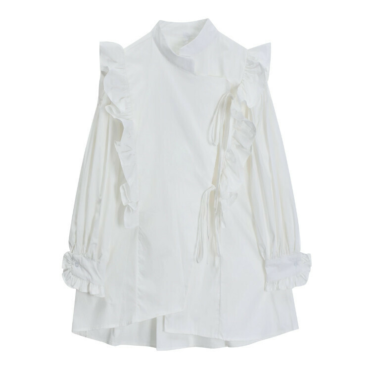 Hot selling ruffled long-sleeved shirt (white) (size S-L) (contact customer service after placing order to confirm delivery size)