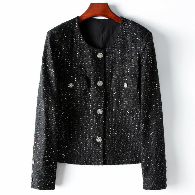 Hot selling round neck short jacket (M-XL size) (black) (contact customer service after placing order to confirm delivery size)