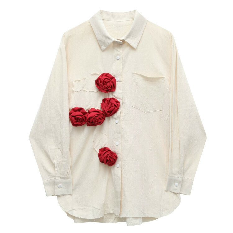 Hot selling distressed flower burning red rose shirt (off-white) (S-L size) (contact customer service after placing the order to confirm the delivery size)