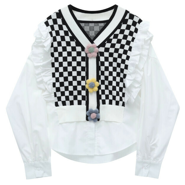 Hot Selling Plaid Small Floral Ear Fake Two-piece Shirt (White) (Size S-L) (Contact customer service after placing the order to confirm the delivery size)