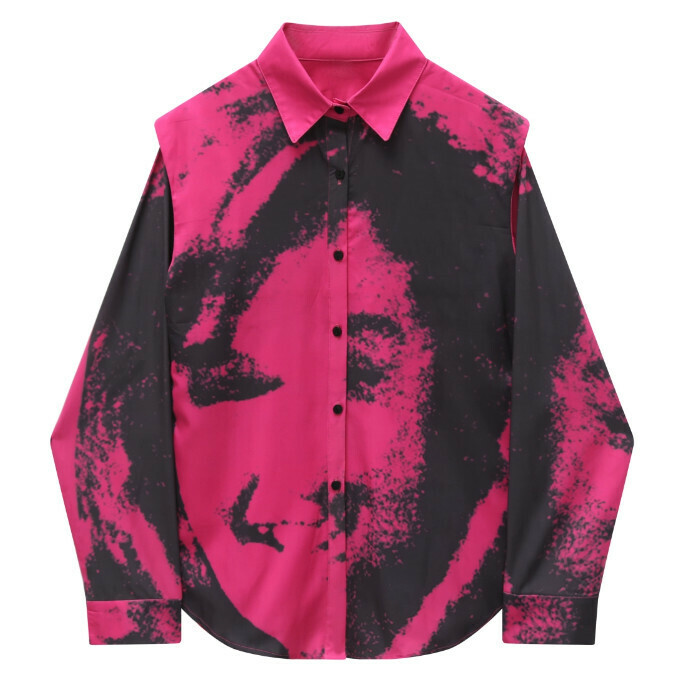 Hot selling fun printed loose long-sleeved shirt (rose red) (S/L size) (contact customer service after placing the order to confirm the delivery size)