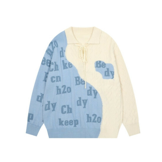 Hot Selling Lapel Spliced ​​Contrast Color Loose Knit Sweater [Blue] [M-XL] (Please contact customer service to confirm the delivery size after placing the order)