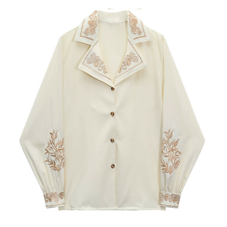 Hot selling lantern sleeve embroidered satin shirt (apricot color) (XS-XL size) (contact customer service after placing the order to confirm the delivery size)