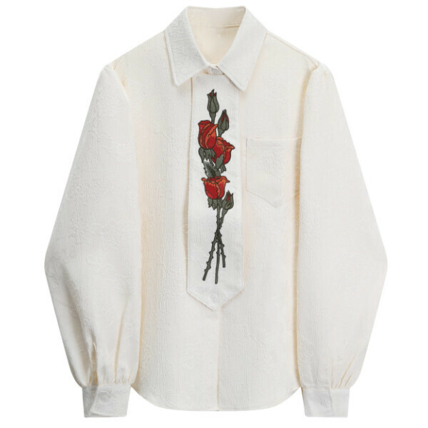 Hot selling rose embroidered long-sleeved shirt (picture color) (S-L size) (contact customer service after placing order to confirm delivery size)