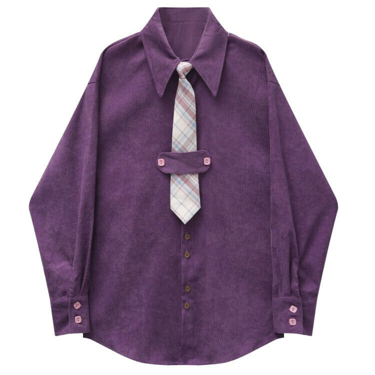 Hot selling corduroy tie shirt (purple) (SX-L size) (contact customer service after placing order to confirm delivery size)