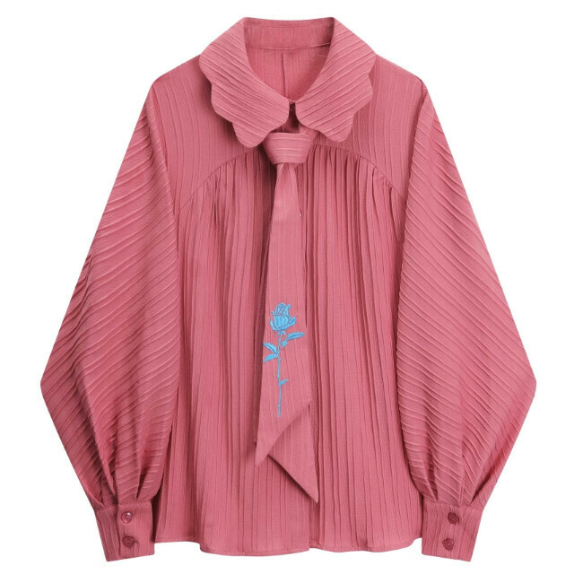 Hot selling lapel damask long-sleeved top (pink) (size S-L) (contact customer service after placing order to confirm delivery size)