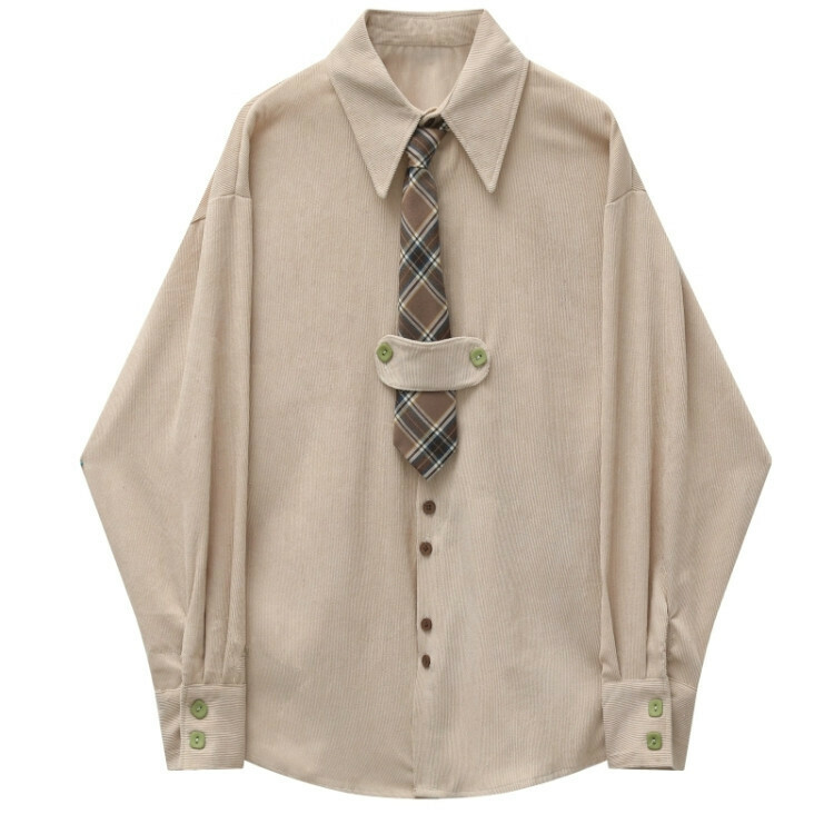 Hot selling corduroy tie shirt (khaki) (SX-L size) (contact customer service after placing order to confirm delivery size)