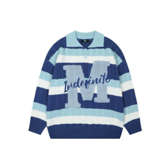 Hot Selling POLO Collar Striped Sweater Color Block Sweater [Blue] [M-XL Size] (Please contact customer service to confirm the delivery size after placing the order)