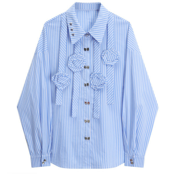Hot selling three-dimensional rose beaded lapel long-sleeved shirt (blue) (S/M size) (contact customer service after placing the order to confirm the delivery size)