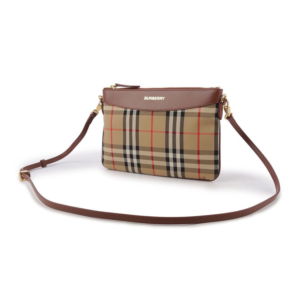 【BURBERRY】Peyton 格紋帆布及牛皮斜背包/手拿包(焦糖色) 80754401