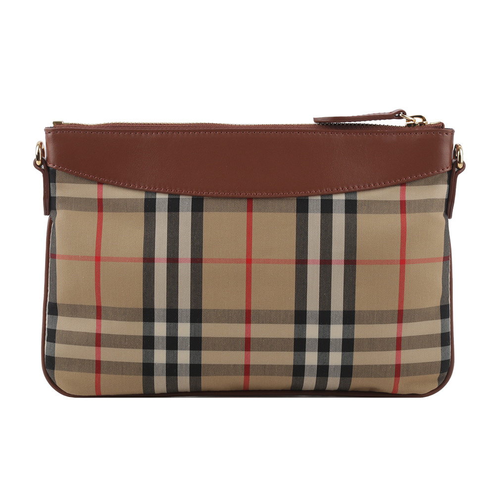 【BURBERRY】Peyton 格紋帆布及牛皮斜背包/手拿包(焦糖色) 80754401