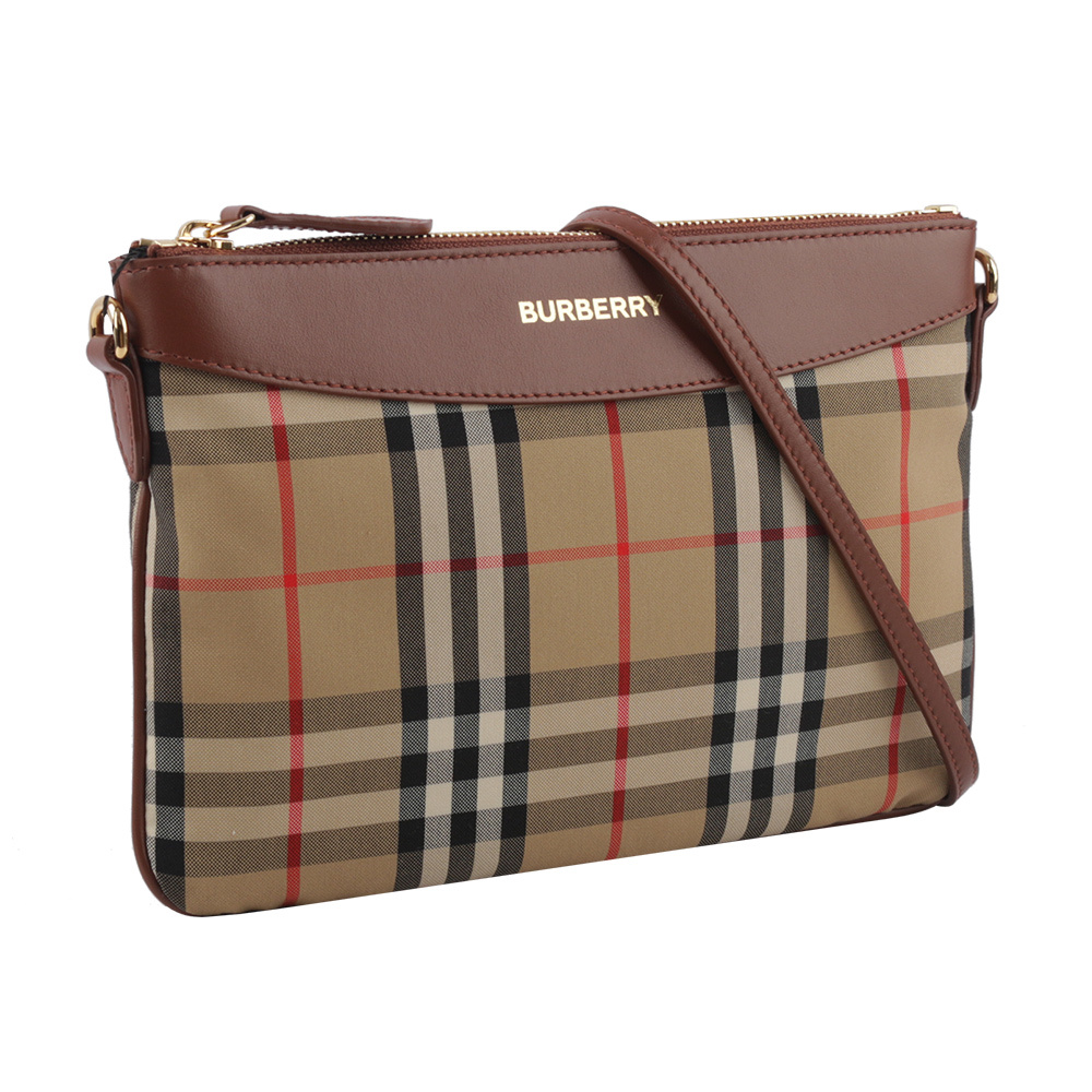 【BURBERRY】Peyton 格紋帆布及牛皮斜背包/手拿包(焦糖色) 80754401