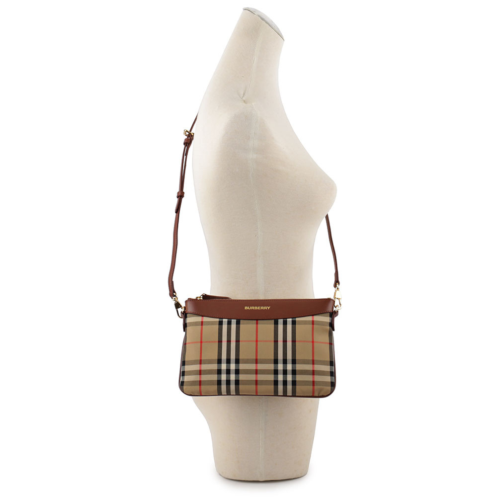 【BURBERRY】Peyton 格紋帆布及牛皮斜背包/手拿包(焦糖色) 80754401