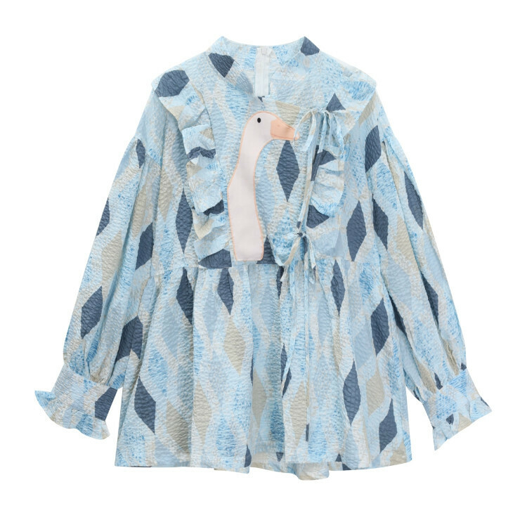 Hot Selling Plaid Print Puff Sleeve Shirt (Blue) (S/L Size) (Contact customer service after placing order to confirm delivery size)