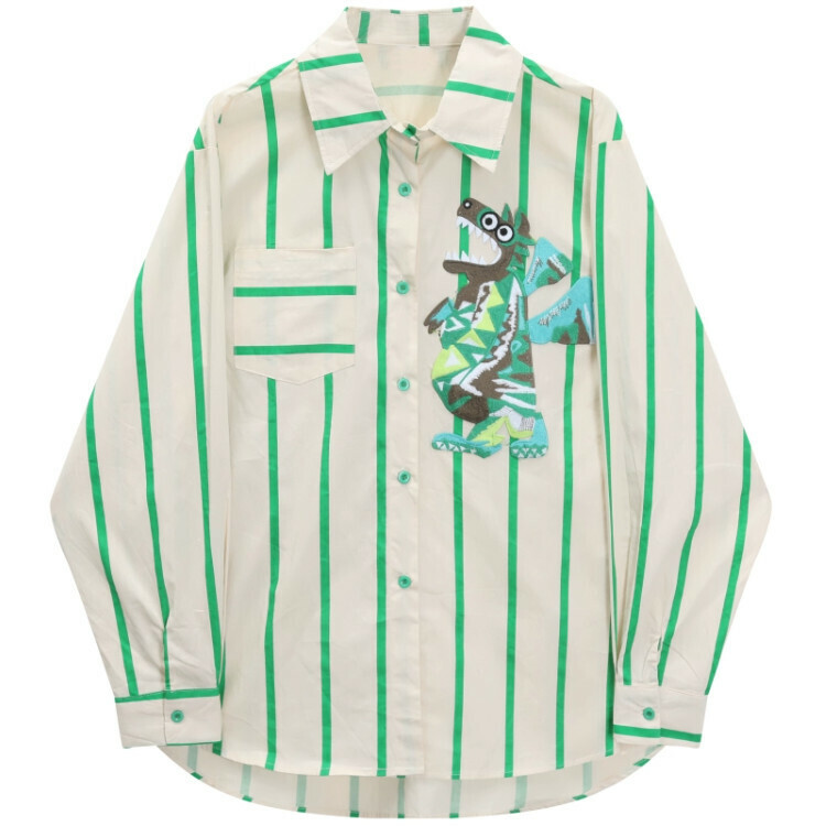 Hot selling cartoon embroidered long-sleeved striped shirt (stripes) (size S-L) (contact customer service after placing the order to confirm the delivery size)