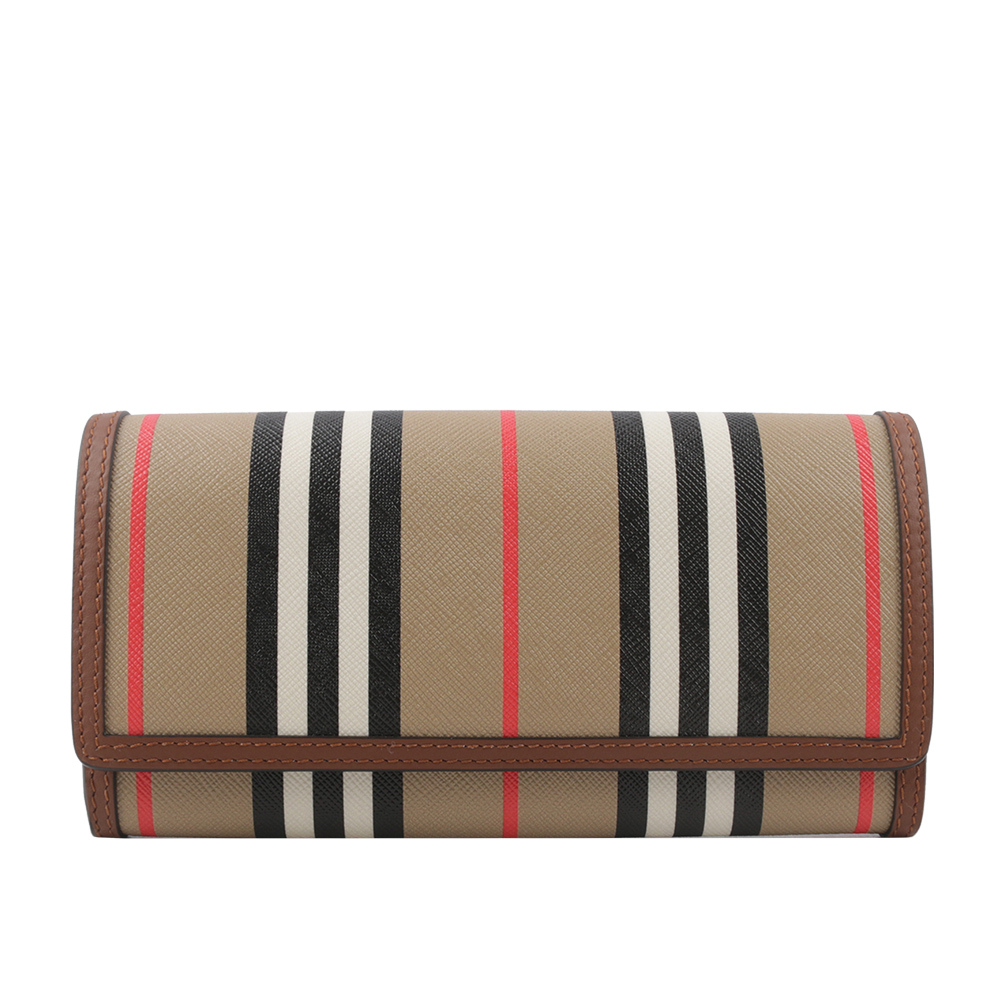 【BURBERRY】Halton 經典條紋塗層帆布翻蓋二折長夾(米色/棕褐色) 80730791