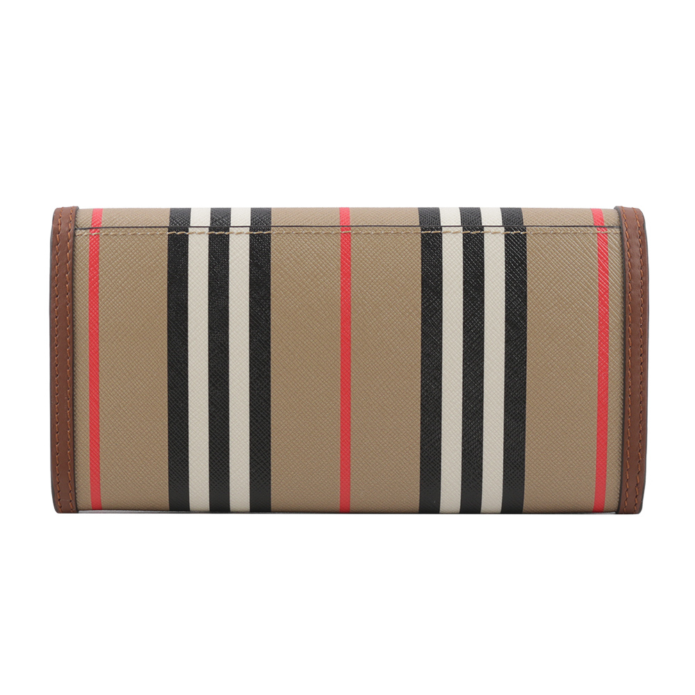 【BURBERRY】Halton 經典條紋塗層帆布翻蓋二折長夾(米色/棕褐色) 80730791