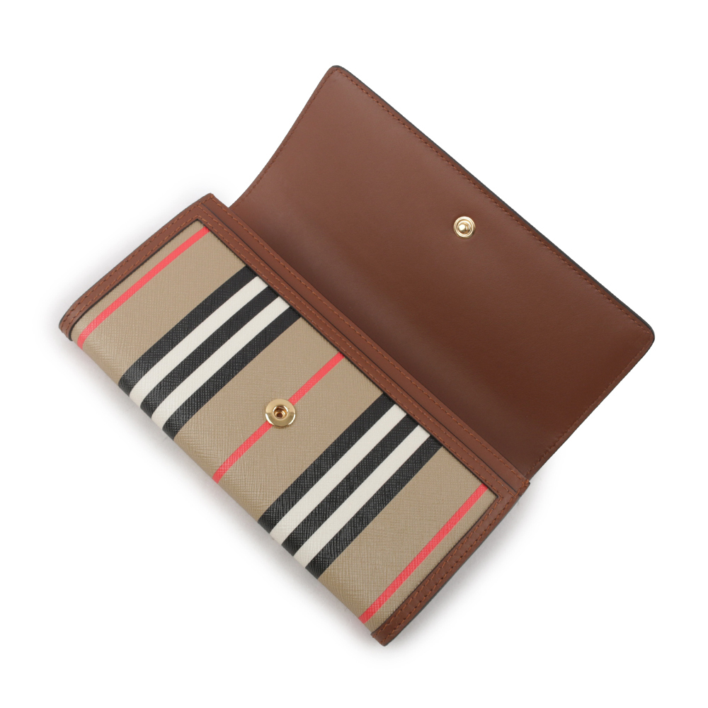 【BURBERRY】Halton 經典條紋塗層帆布翻蓋二折長夾(米色/棕褐色) 80730791
