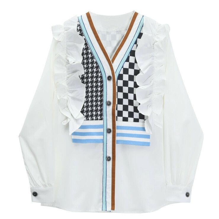 Hot selling plaid contrasting ruffled V-neck shirt (white) (S/M size) (contact customer service after placing the order to confirm the delivery size)