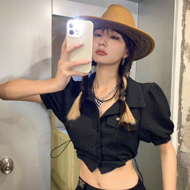 Hot selling lapel drawstring waist shirt (black) (S-L size) (contact customer service after placing the order to confirm the delivery size)