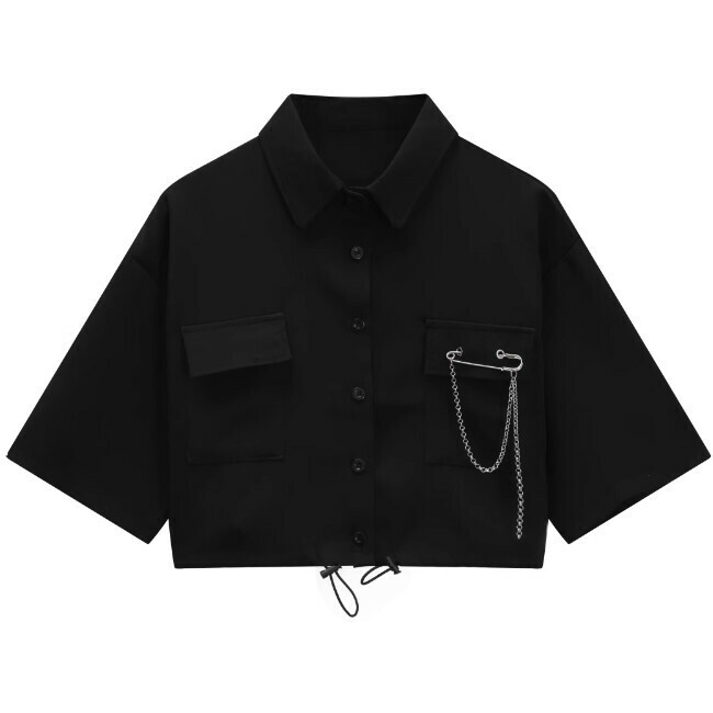 Hot selling short workwear short-sleeved drawstring shirt (black) (size S-L) (contact customer service after placing the order to confirm the delivery size)