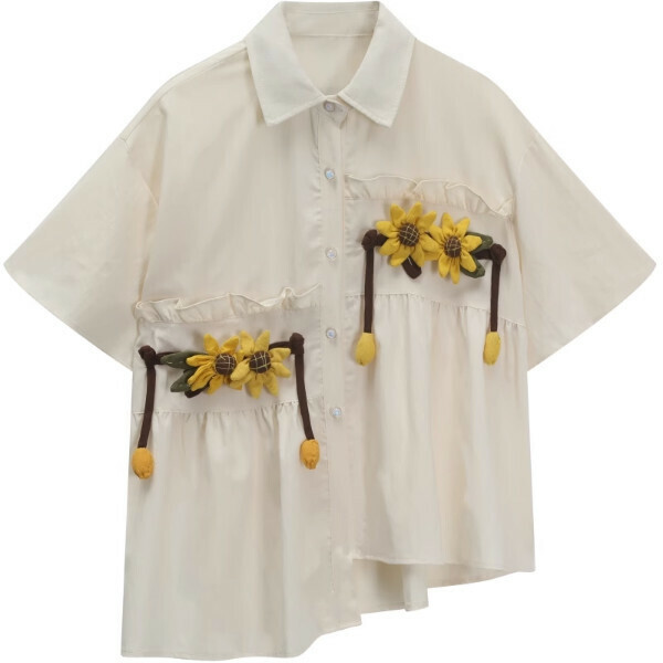 Hot selling daisy tie flower short-sleeved shirt (off-white) (S-L size) (contact customer service after placing the order to confirm the delivery size)