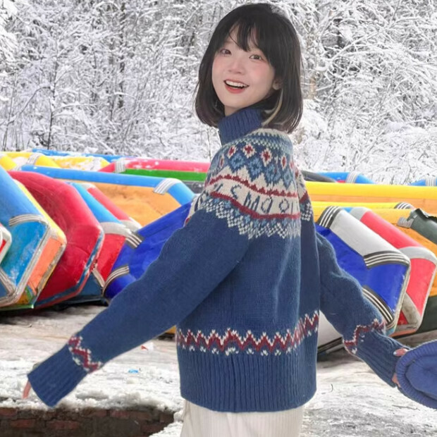 Hot selling thickened turtleneck knitted cardigan [blue] sizes [S to XL] [please contact customer service to confirm the delivery size after placing the order]