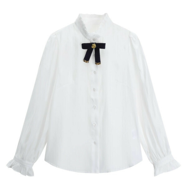 Hot selling fungus bow long-sleeved shirt (white) (S-XL size) (contact customer service after placing order to confirm delivery size)