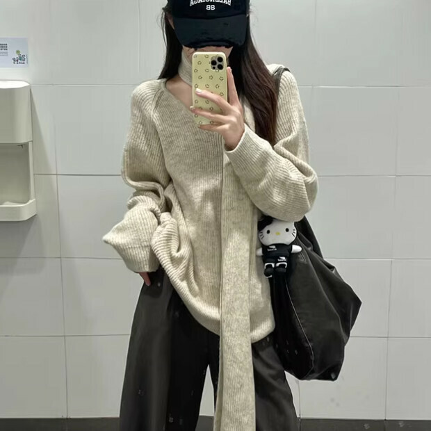 Hot selling V-neck knitted sweater [beige with scarf] sizes [S-XL] [please contact customer service to confirm the delivery size after placing the order]