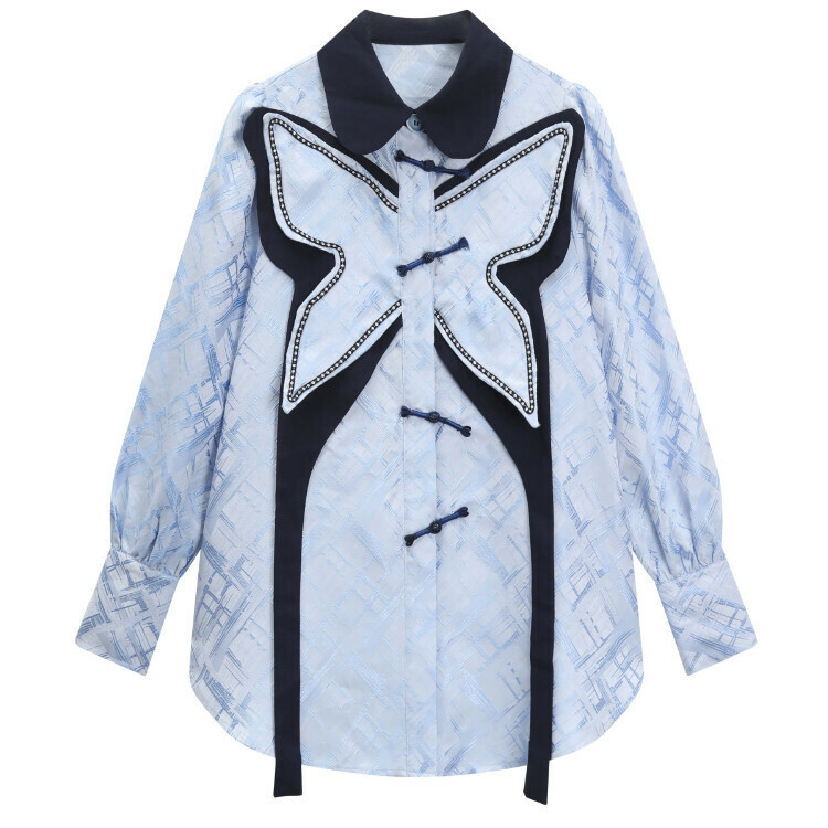 Hot Selling Contrast Color Big Bow Shirt (Blue) (S-L) (Contact customer service after placing order to confirm delivery size)