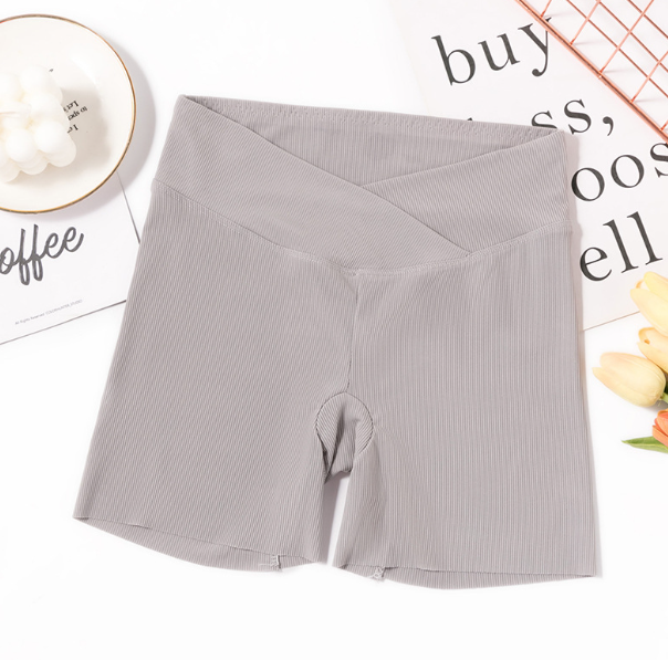 Ice Silk Leggings (Cross-Waist Three-Point Pants - Grey) One-size-fits-all 