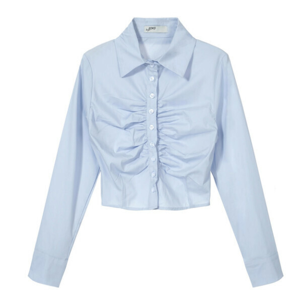 Hot selling pleated waist blue long-sleeved shirt (blue) (S-L size) (contact customer service after placing the order to confirm the delivery size)