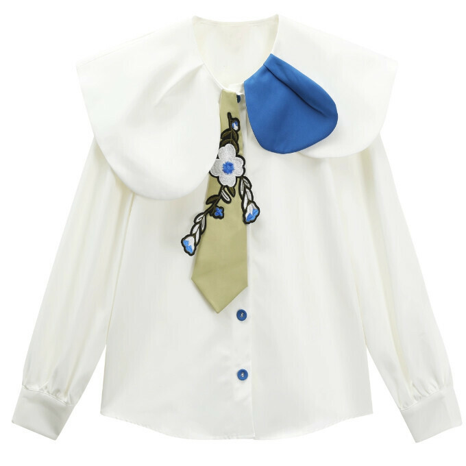 Hot selling contrasting color tie shawl large lapel shirt (white) (S-L size) (contact customer service after placing the order to confirm the delivery size)