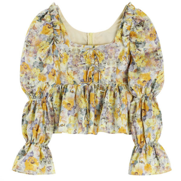 Hot selling puff sleeve short printed shirt (yellow) (S-L size) (contact customer service after placing the order to confirm the delivery size)