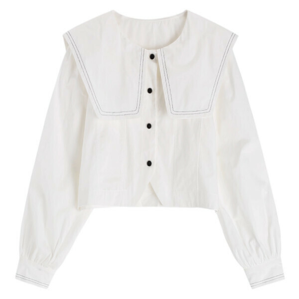 Hot Selling Short Navy Collar Long Sleeve Shirt (White) (One Size)