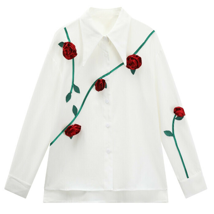 Hot selling three-dimensional red rose flower shirt (white) (S-L size) (contact customer service after placing the order to confirm the delivery size)
