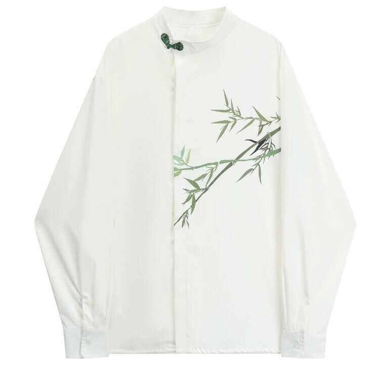 Hot selling green bamboo print long-sleeved shirt (picture color) (S-XL size) (contact customer service after placing the order to confirm the delivery size)