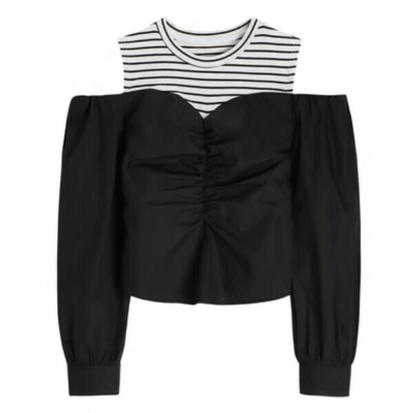 Hot Selling Puff Sleeve Striped Off-Shoulder Shirt (Black) (One Size)