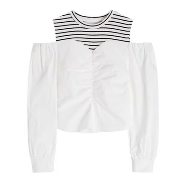Hot Selling Puff Sleeve Striped Off-Shoulder Shirt (White) (One Size)