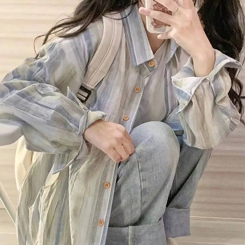 Hot selling striped long-sleeved shirt (blue size S-XXL) (please contact customer service to confirm the delivery size after placing the order)